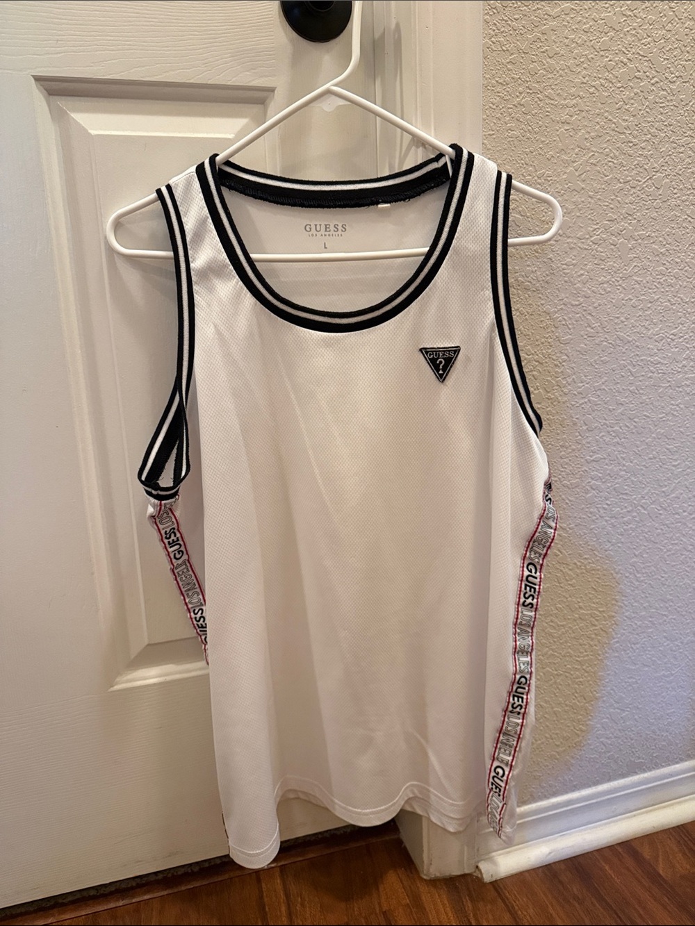 GUESS White Mesh Tank with Black Trim and Logo Tape
